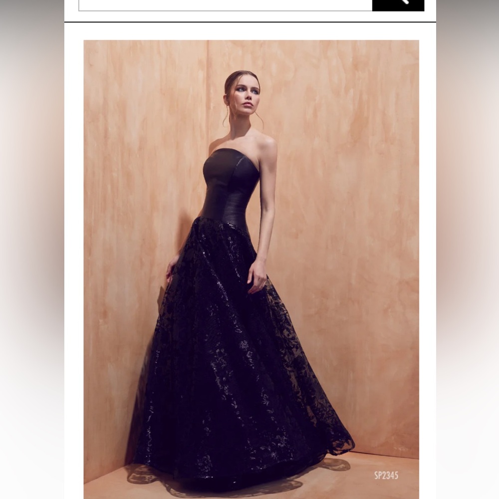 Woman’s Black Tie Lucian Matis Leather, Lace and Sequins Long Evening Gown